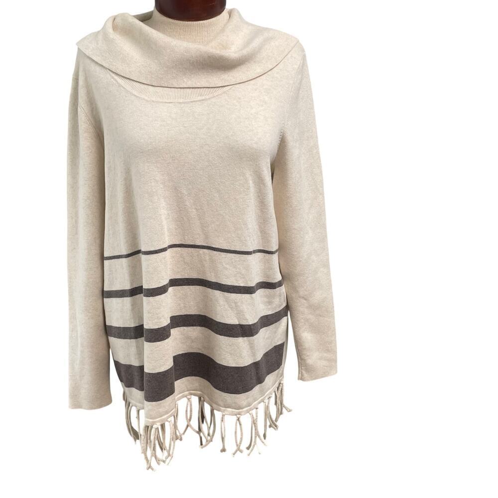 Zenergy Chico's Cowl Neck Cashmere Blend Sweater Fringe Size 2 Large Tunic